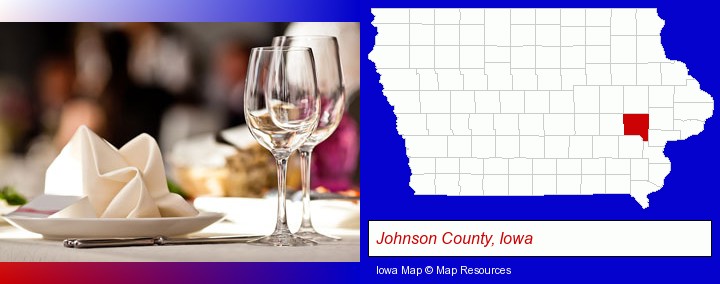 a restaurant table place setting; Johnson County, Iowa highlighted in red on a map