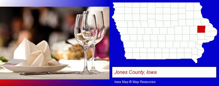 a restaurant table place setting; Jones County, Iowa highlighted in red on a map