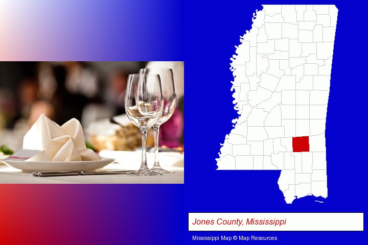 a restaurant table place setting; Jones County, Mississippi highlighted in red on a map