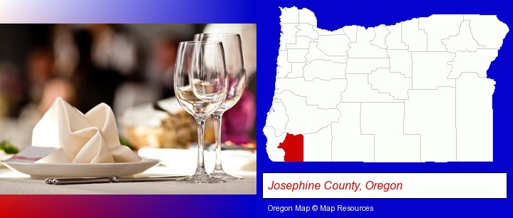 a restaurant table place setting; Josephine County, Oregon highlighted in red on a map