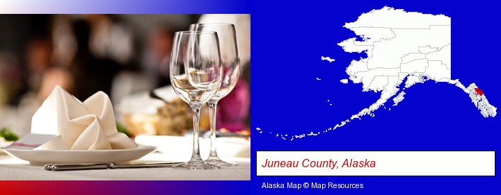 a restaurant table place setting; Juneau County, Alaska highlighted in red on a map