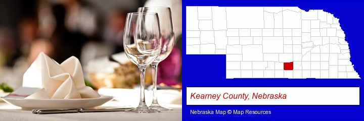 a restaurant table place setting; Kearney County, Nebraska highlighted in red on a map