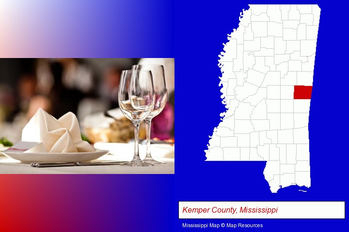a restaurant table place setting; Kemper County, Mississippi highlighted in red on a map
