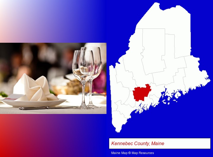 a restaurant table place setting; Kennebec County, Maine highlighted in red on a map