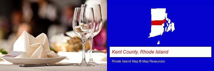 a restaurant table place setting; Kent County, Rhode Island highlighted in red on a map