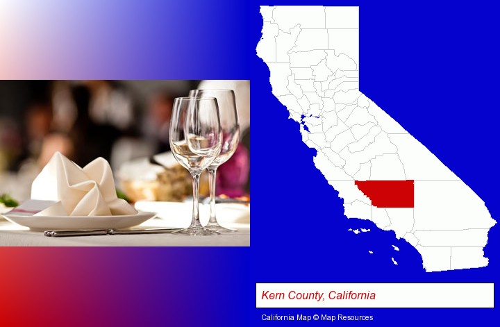 a restaurant table place setting; Kern County, California highlighted in red on a map