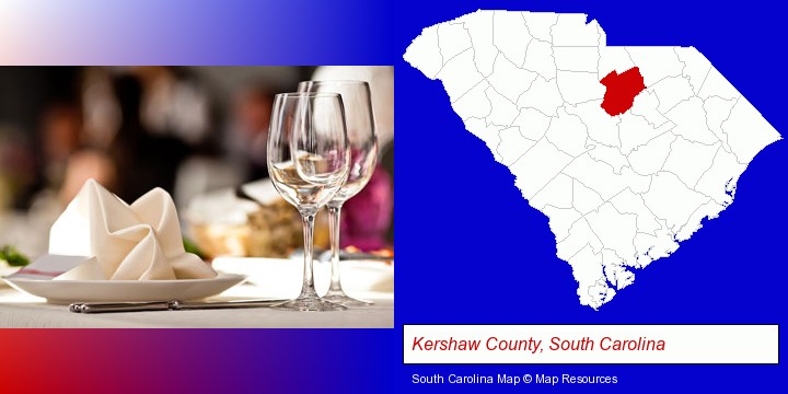 a restaurant table place setting; Kershaw County, South Carolina highlighted in red on a map