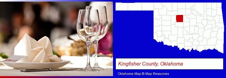 a restaurant table place setting; Kingfisher County, Oklahoma highlighted in red on a map