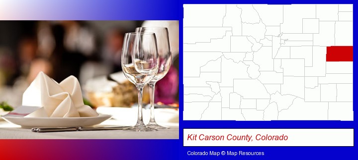 a restaurant table place setting; Kit Carson County, Colorado highlighted in red on a map