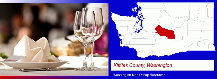 a restaurant table place setting; Kittitas County, Washington highlighted in red on a map