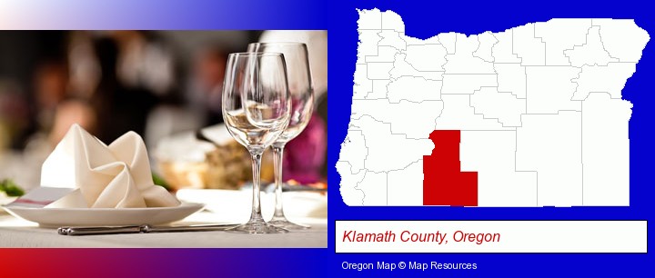a restaurant table place setting; Klamath County, Oregon highlighted in red on a map