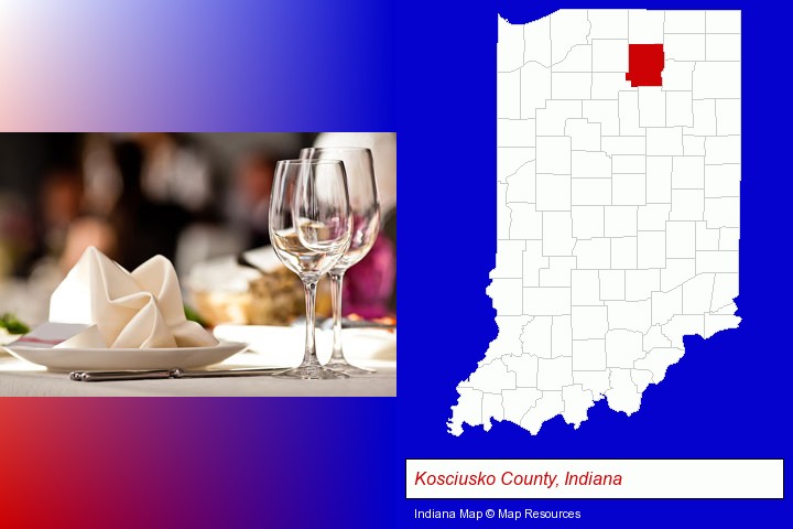 a restaurant table place setting; Kosciusko County, Indiana highlighted in red on a map