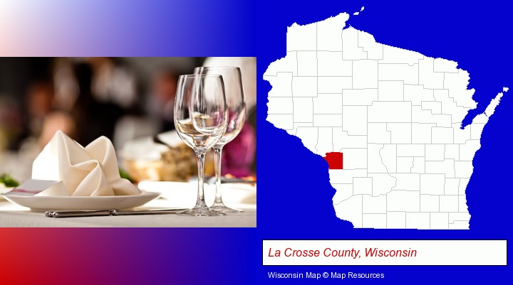 a restaurant table place setting; La Crosse County, Wisconsin highlighted in red on a map