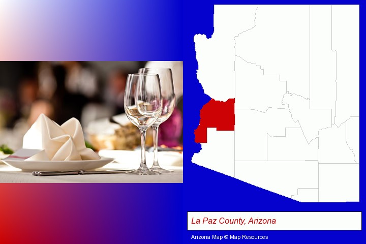 a restaurant table place setting; La Paz County, Arizona highlighted in red on a map