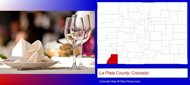a restaurant table place setting; La Plata County, Colorado highlighted in red on a map