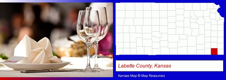 a restaurant table place setting; Labette County, Kansas highlighted in red on a map