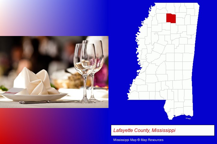 a restaurant table place setting; Lafayette County, Mississippi highlighted in red on a map