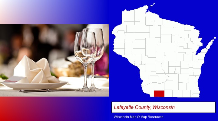 a restaurant table place setting; Lafayette County, Wisconsin highlighted in red on a map
