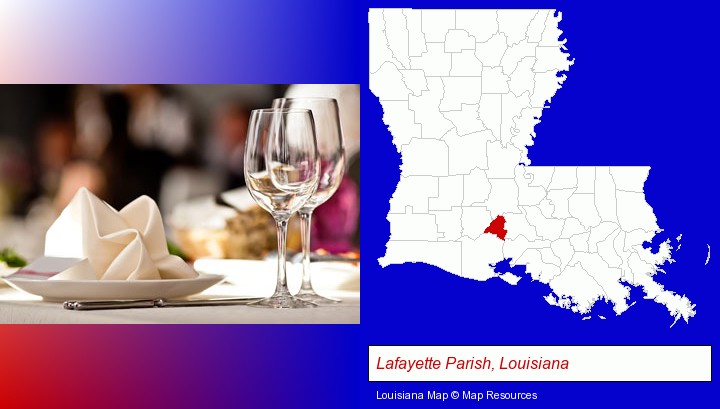 a restaurant table place setting; Lafayette Parish, Louisiana highlighted in red on a map