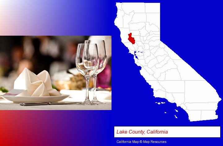 a restaurant table place setting; Lake County, California highlighted in red on a map