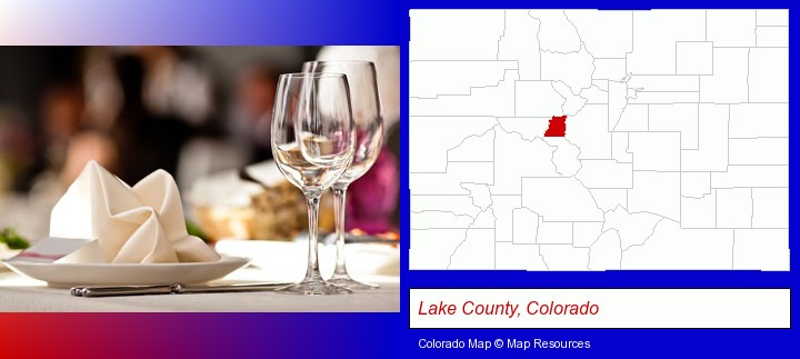 a restaurant table place setting; Lake County, Colorado highlighted in red on a map
