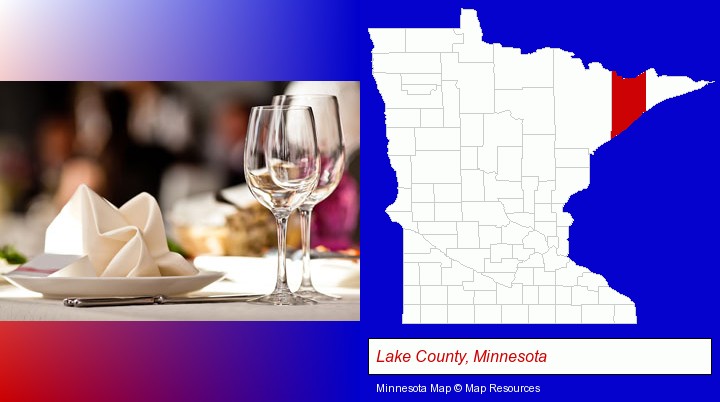 a restaurant table place setting; Lake County, Minnesota highlighted in red on a map