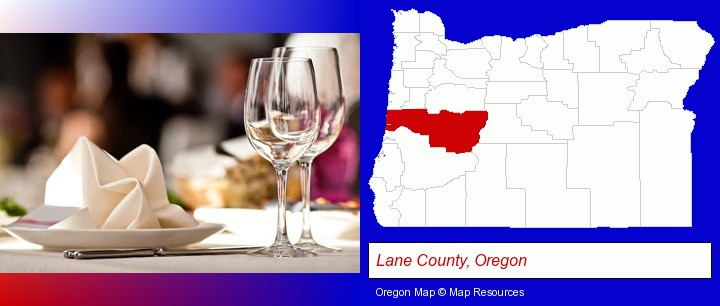 a restaurant table place setting; Lane County, Oregon highlighted in red on a map