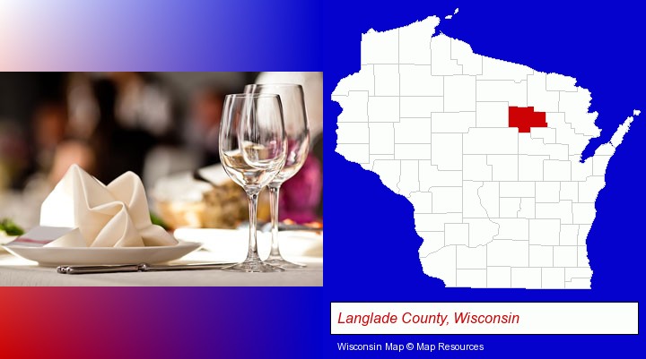 a restaurant table place setting; Langlade County, Wisconsin highlighted in red on a map