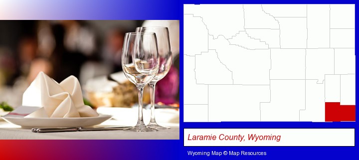 a restaurant table place setting; Laramie County, Wyoming highlighted in red on a map