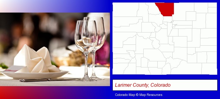 a restaurant table place setting; Larimer County, Colorado highlighted in red on a map