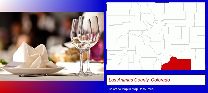 a restaurant table place setting; Las Animas County, Colorado highlighted in red on a map
