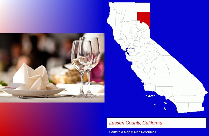 a restaurant table place setting; Lassen County, California highlighted in red on a map