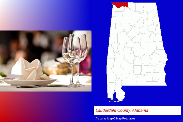 a restaurant table place setting; Lauderdale County, Alabama highlighted in red on a map