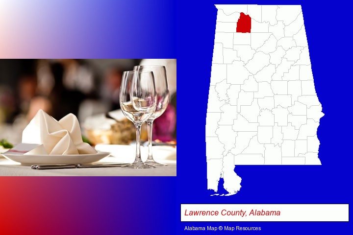 a restaurant table place setting; Lawrence County, Alabama highlighted in red on a map
