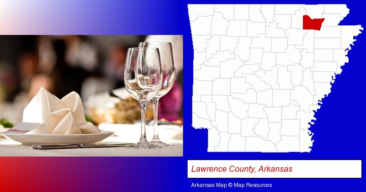 a restaurant table place setting; Lawrence County, Arkansas highlighted in red on a map