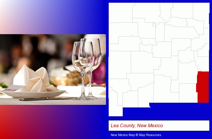 a restaurant table place setting; Lea County, New Mexico highlighted in red on a map