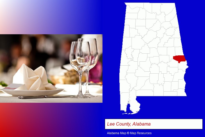 a restaurant table place setting; Lee County, Alabama highlighted in red on a map