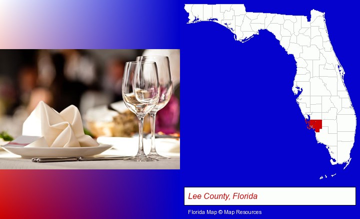a restaurant table place setting; Lee County, Florida highlighted in red on a map