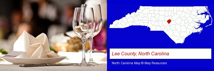 a restaurant table place setting; Lee County, North Carolina highlighted in red on a map