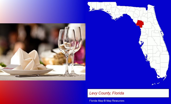 a restaurant table place setting; Levy County, Florida highlighted in red on a map