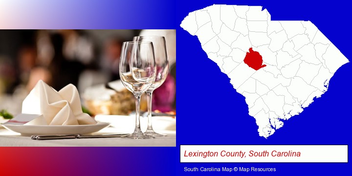a restaurant table place setting; Lexington County, South Carolina highlighted in red on a map
