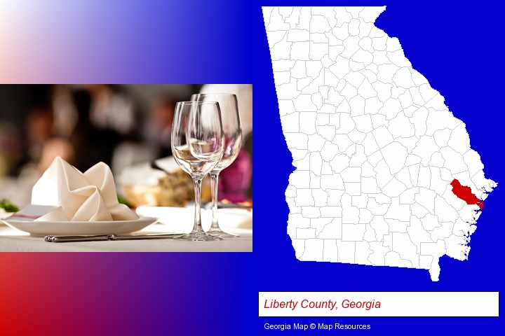 a restaurant table place setting; Liberty County, Georgia highlighted in red on a map