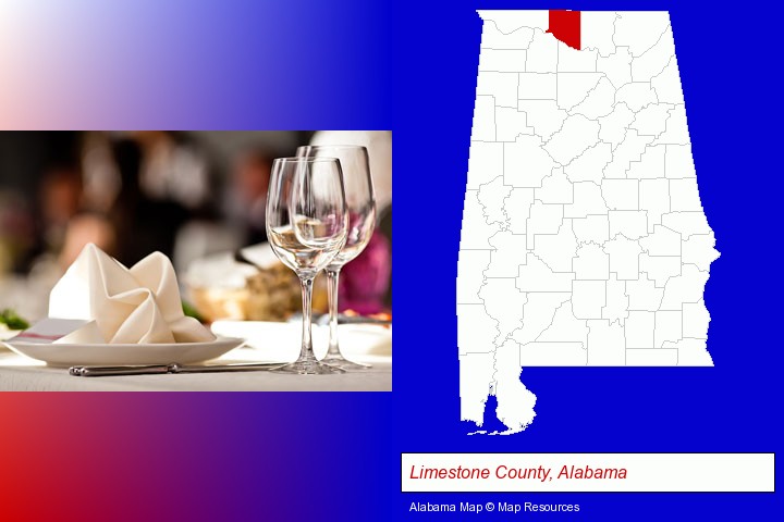 a restaurant table place setting; Limestone County, Alabama highlighted in red on a map