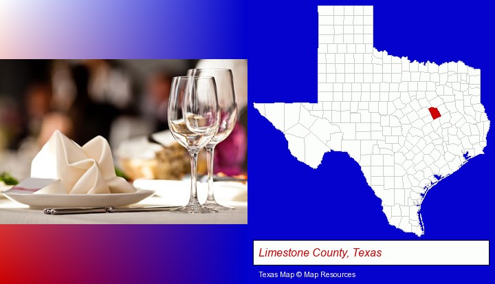 a restaurant table place setting; Limestone County, Texas highlighted in red on a map