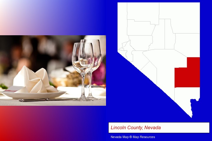 a restaurant table place setting; Lincoln County, Nevada highlighted in red on a map