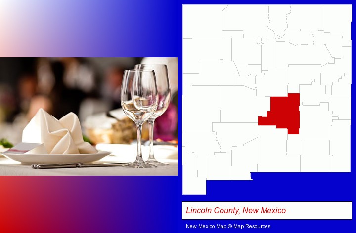 a restaurant table place setting; Lincoln County, New Mexico highlighted in red on a map