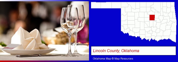 a restaurant table place setting; Lincoln County, Oklahoma highlighted in red on a map