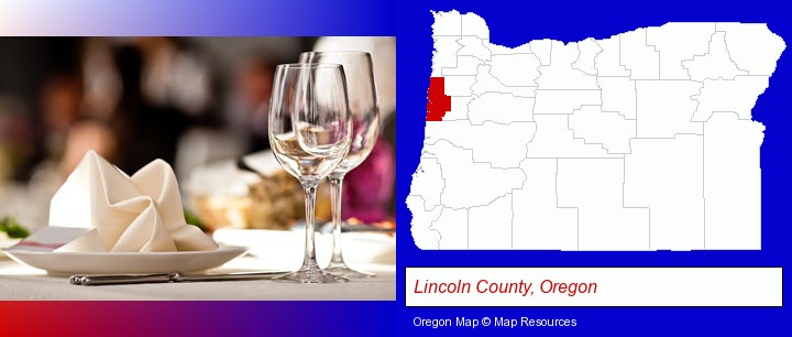 a restaurant table place setting; Lincoln County, Oregon highlighted in red on a map