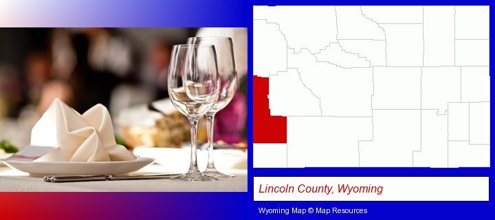 a restaurant table place setting; Lincoln County, Wyoming highlighted in red on a map
