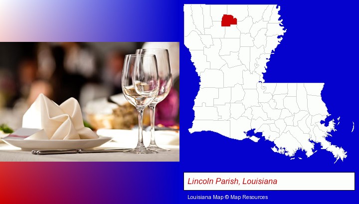 a restaurant table place setting; Lincoln Parish, Louisiana highlighted in red on a map